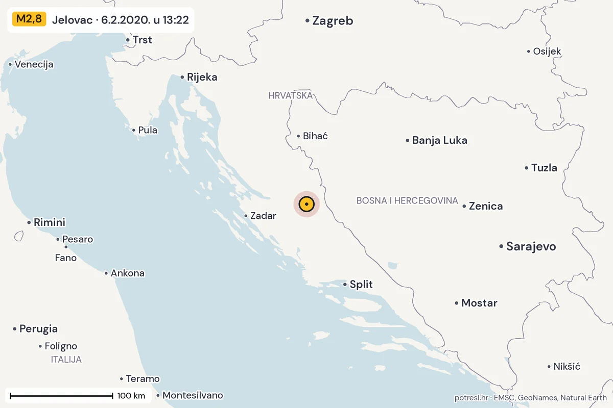 Karta: šire područje, 600 km, potres M2,8, Jelovac, 6.2.2020.