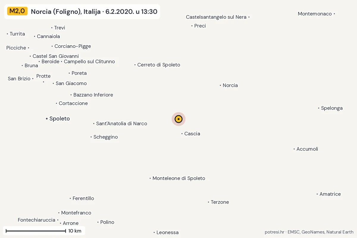 Karta: okolica epicentra, 60 km, potres M2,0, Norcia (Foligno), Italija, 6.2.2020.