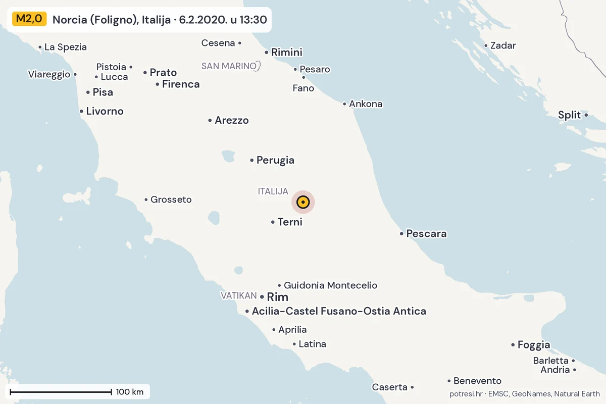 Karta: šire područje, 600 km, potres M2,0, Norcia (Foligno), Italija, 6.2.2020.