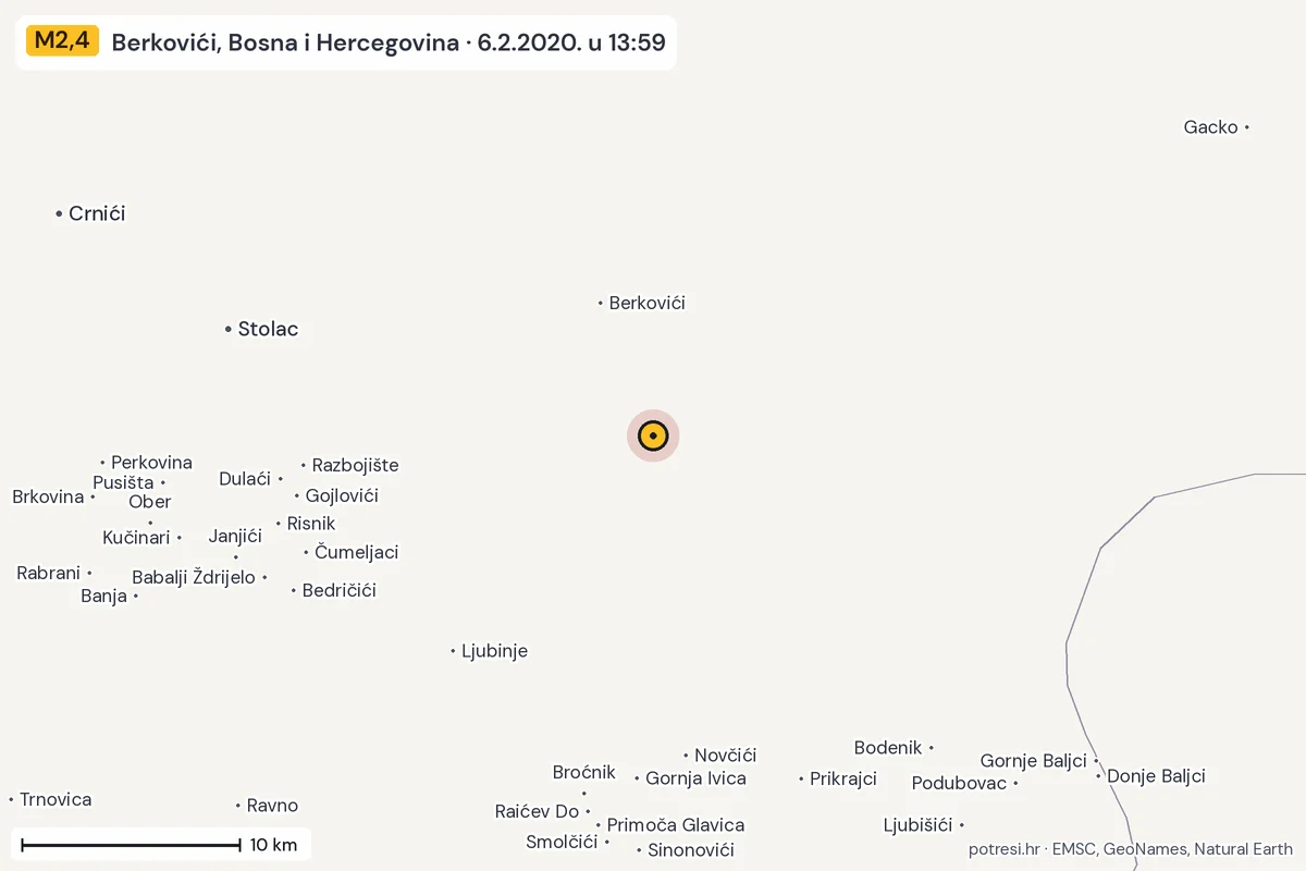 Karta: okolica epicentra, 60 km, potres M2,4, Berkovići, Bosna i Hercegovina, 6.2.2020.