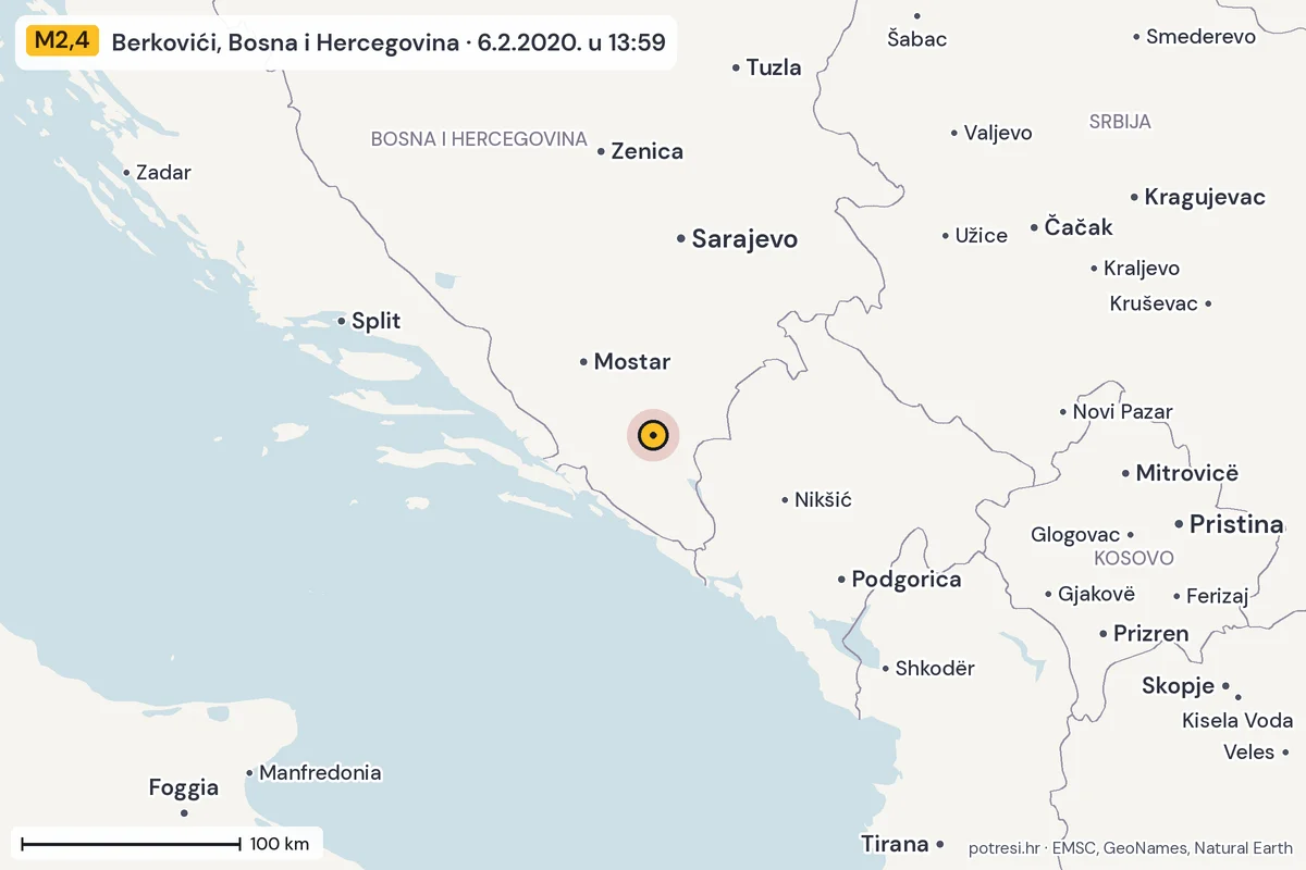 Karta: šire područje, 600 km, potres M2,4, Berkovići, Bosna i Hercegovina, 6.2.2020.