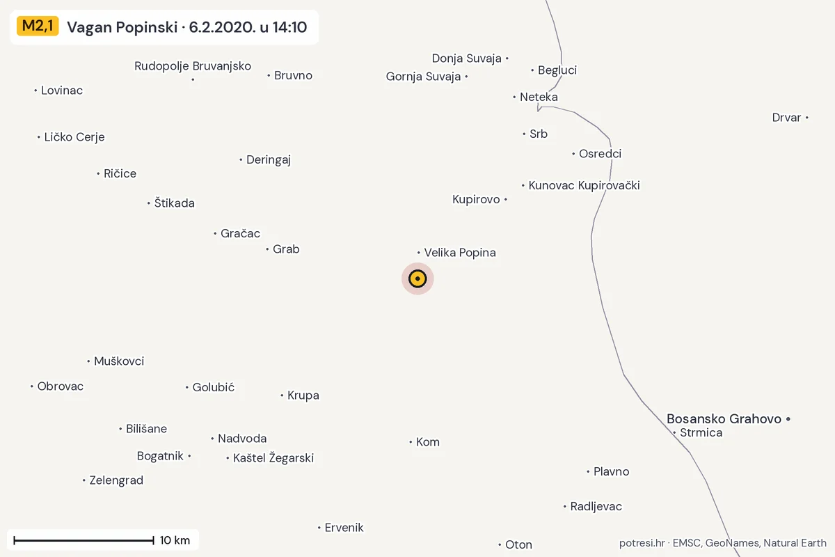 Karta: okolica epicentra, 60 km, potres M2,1, Vagan Popinski, 6.2.2020.