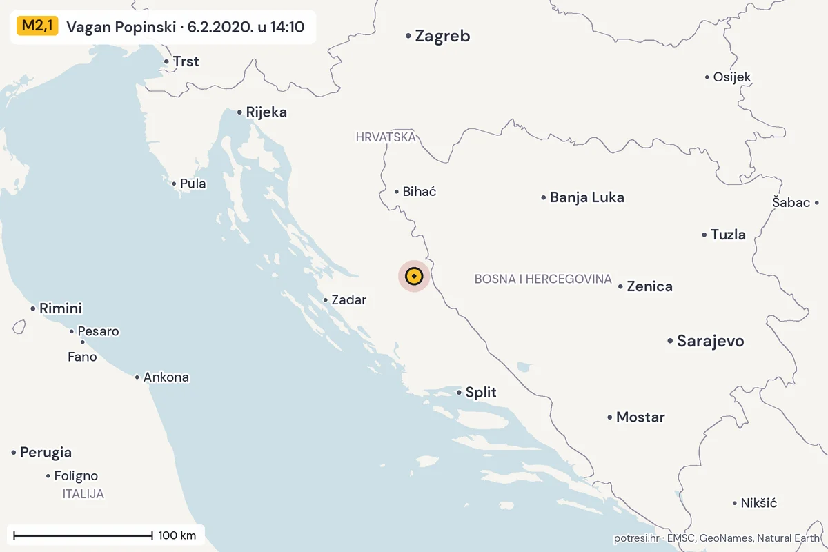 Karta: šire područje, 600 km, potres M2,1, Vagan Popinski, 6.2.2020.