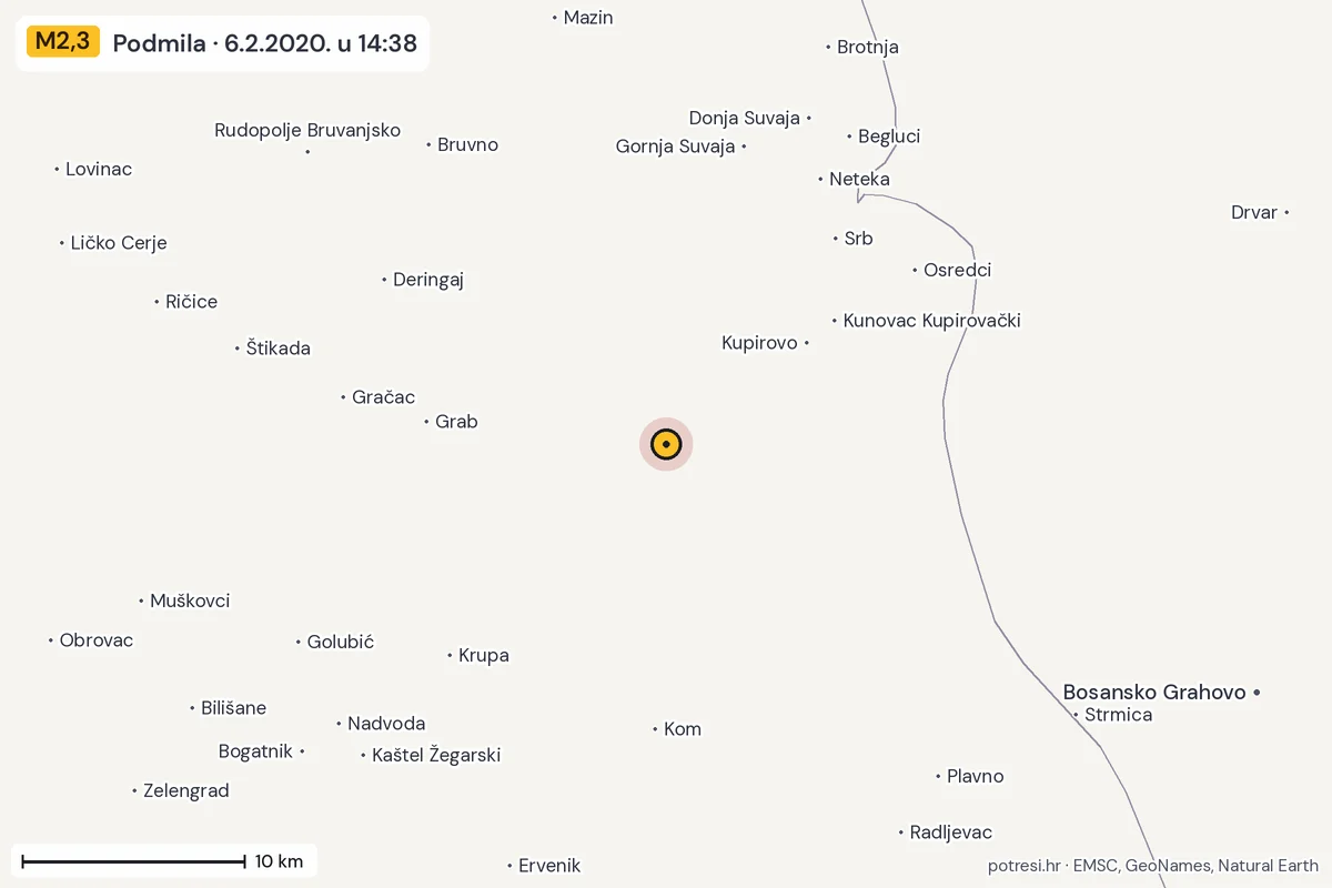 Karta: okolica epicentra, 60 km, potres M2,3, Podmila, 6.2.2020.