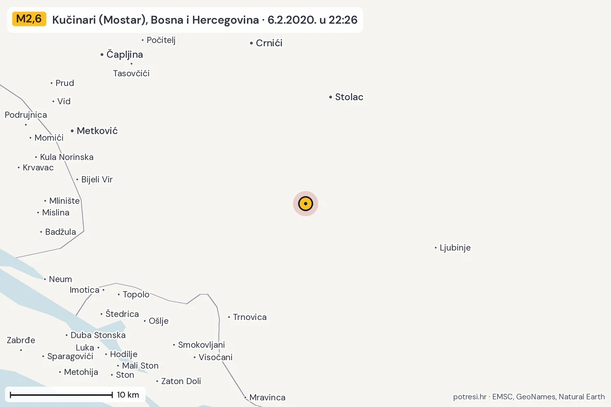Karta: okolica epicentra, 60 km, potres M2,6, Kučinari (Mostar), Bosna i Hercegovina, 6.2.2020.