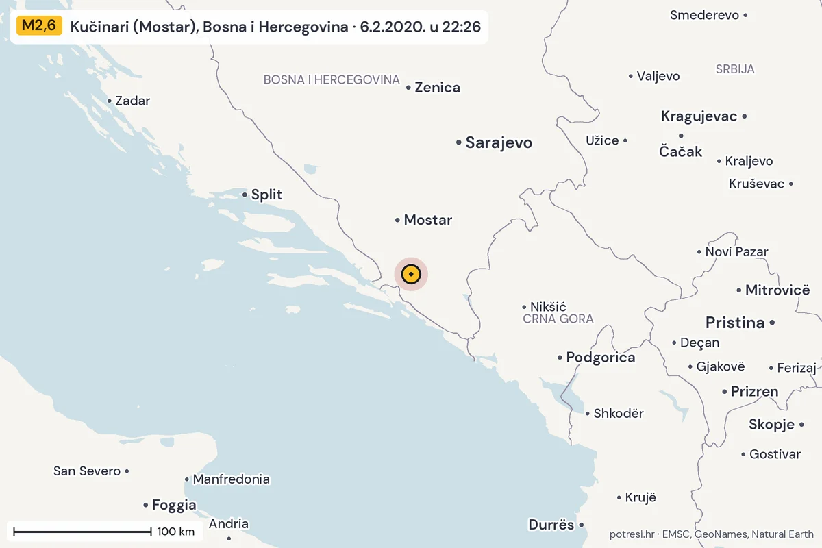 Karta: šire područje, 600 km, potres M2,6, Kučinari (Mostar), Bosna i Hercegovina, 6.2.2020.