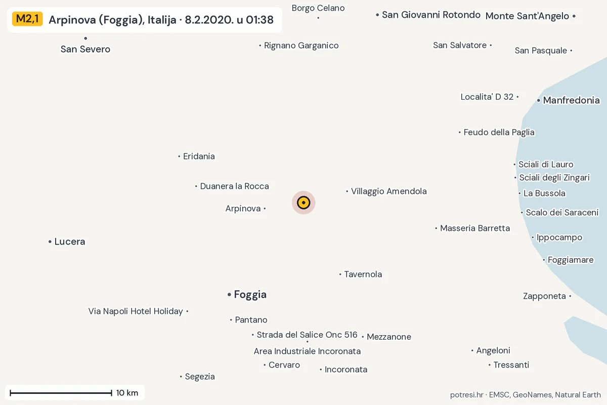 Karta: okolica epicentra, 60 km, potres M2,1, Arpinova (Foggia), Italija, 8.2.2020.