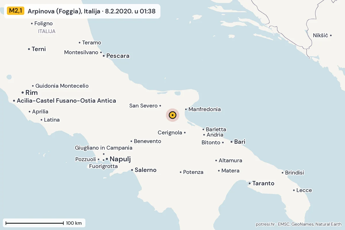 Karta: šire područje, 600 km, potres M2,1, Arpinova (Foggia), Italija, 8.2.2020.