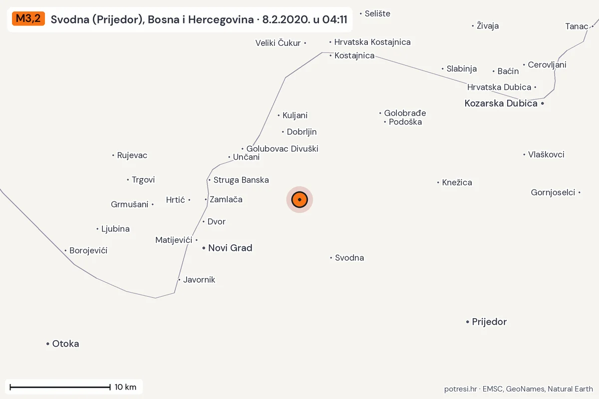 Karta: okolica epicentra, 60 km, potres M3,2, Svodna (Prijedor), Bosna i Hercegovina, 8.2.2020.