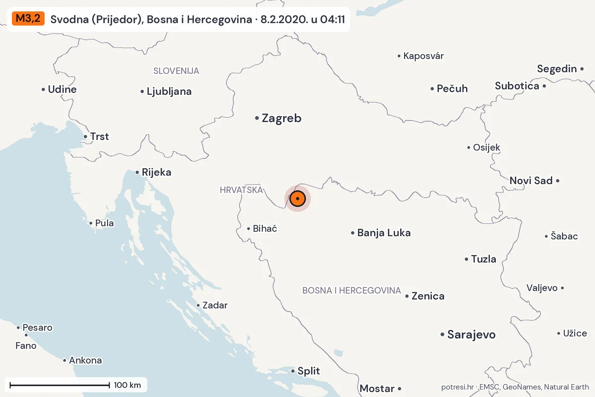 Karta: šire područje, 600 km, potres M3,2, Svodna (Prijedor), Bosna i Hercegovina, 8.2.2020.