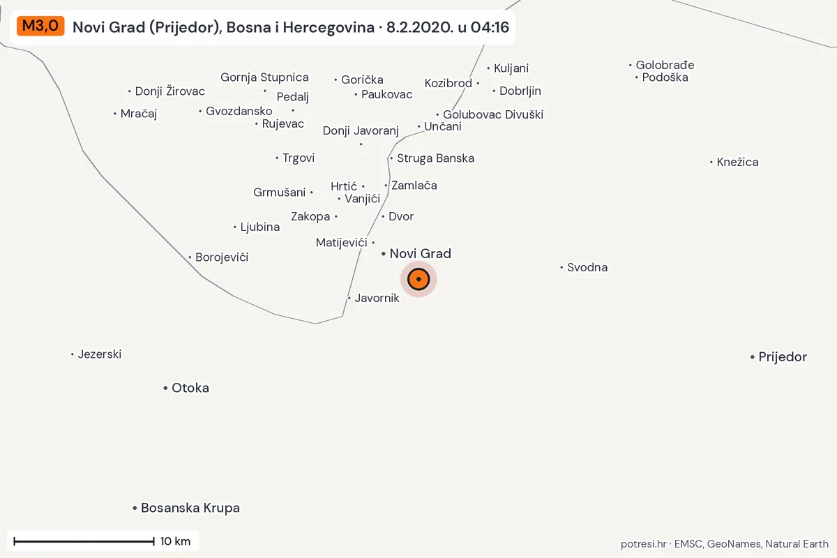 Karta: okolica epicentra, 60 km, potres M3,0, Novi Grad (Prijedor), Bosna i Hercegovina, 8.2.2020.