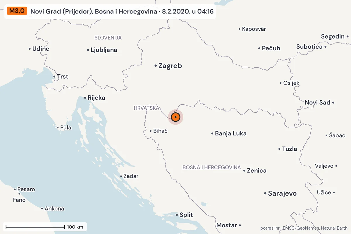 Karta: šire područje, 600 km, potres M3,0, Novi Grad (Prijedor), Bosna i Hercegovina, 8.2.2020.