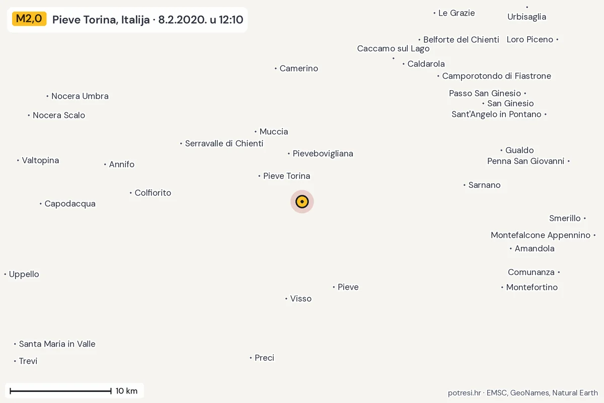 Karta: okolica epicentra, 60 km, potres M2,0, Pieve Torina, Italija, 8.2.2020.