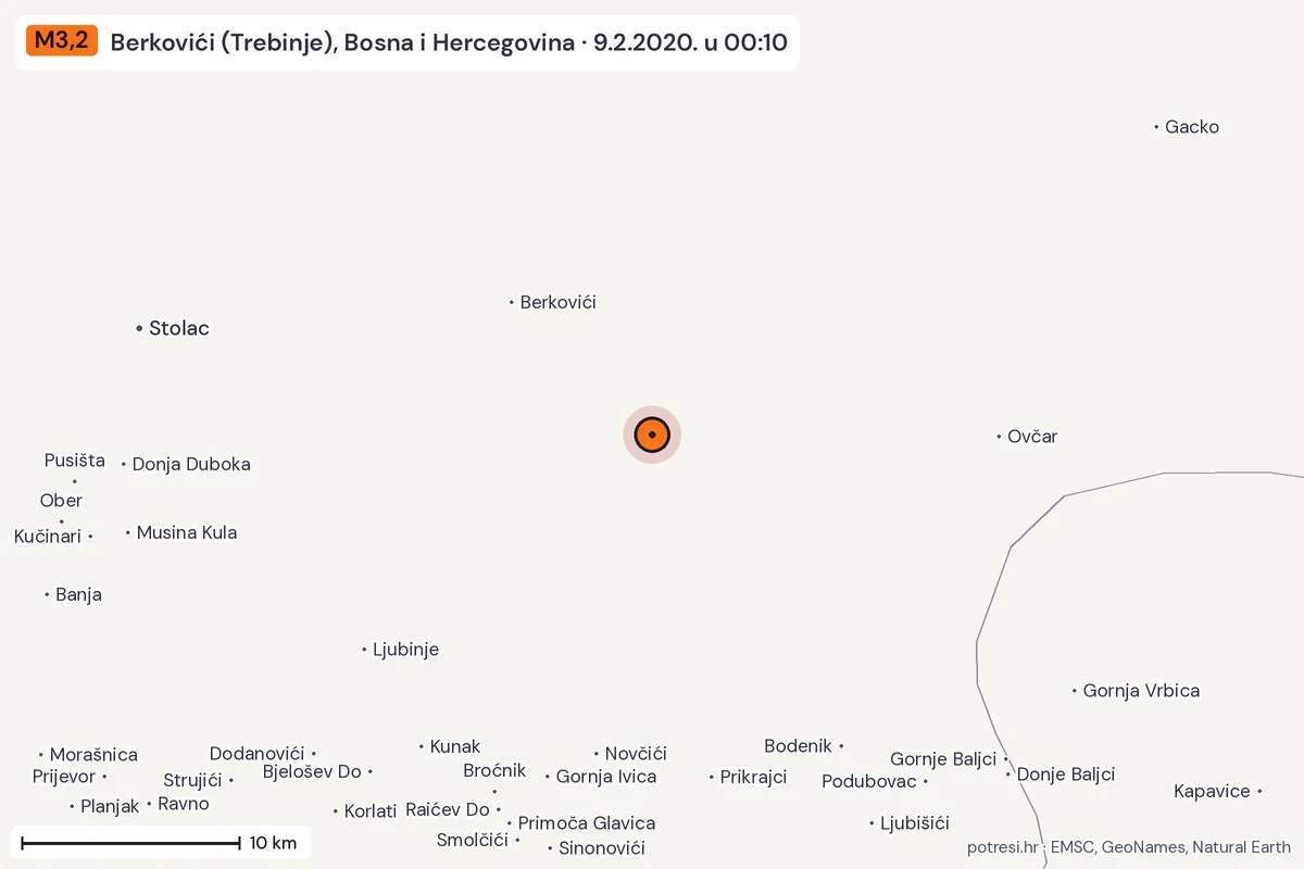 Karta: okolica epicentra, 60 km, potres M3,2, Berkovići (Trebinje), Bosna i Hercegovina, 9.2.2020.