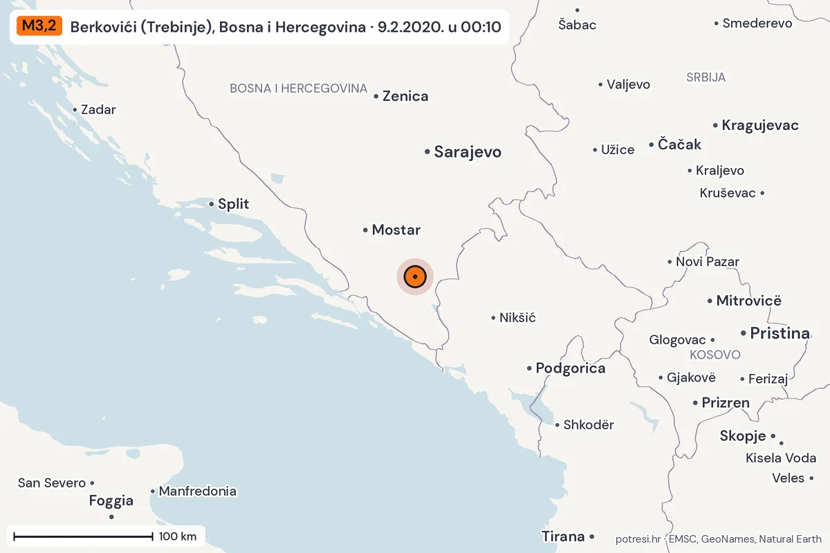 Karta: šire područje, 600 km, potres M3,2, Berkovići (Trebinje), Bosna i Hercegovina, 9.2.2020.