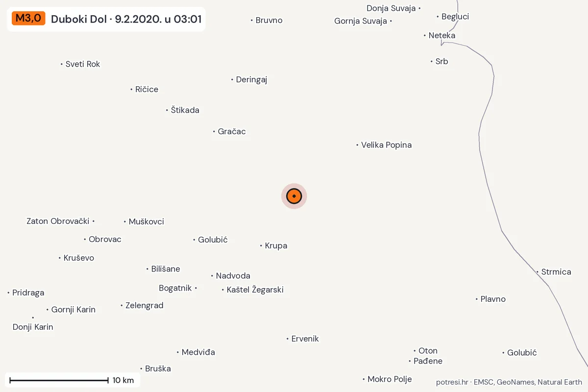 Karta: okolica epicentra, 60 km, potres M3,0, Duboki Dol, 9.2.2020.