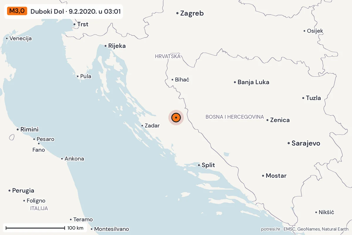Karta: šire područje, 600 km, potres M3,0, Duboki Dol, 9.2.2020.