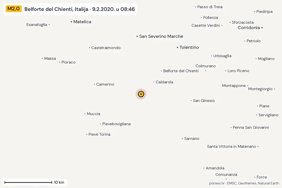 Karta: okolica epicentra, 60 km, potres M2,0, Belforte del Chienti, Italija, 9.2.2020.