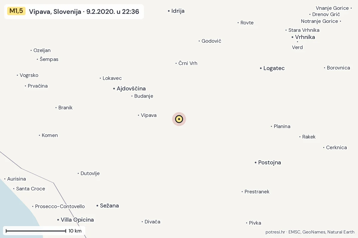 Karta: okolica epicentra, 60 km, potres M1,5, Vipava, Slovenija, 9.2.2020.
