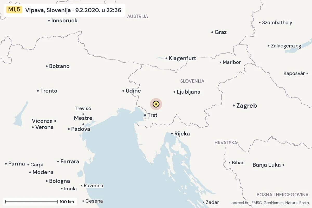Karta: šire područje, 600 km, potres M1,5, Vipava, Slovenija, 9.2.2020.