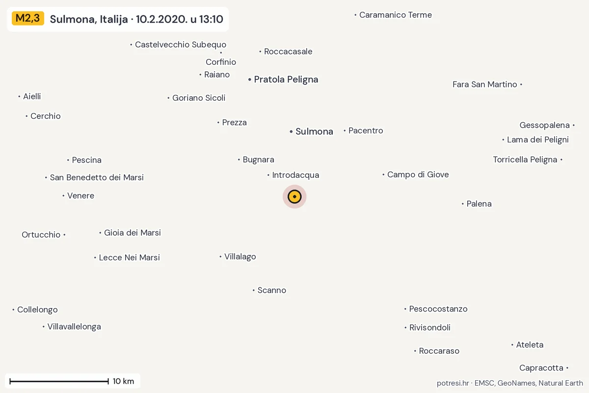 Karta: okolica epicentra, 60 km, potres M2,3, Sulmona, Italija, 10.2.2020.