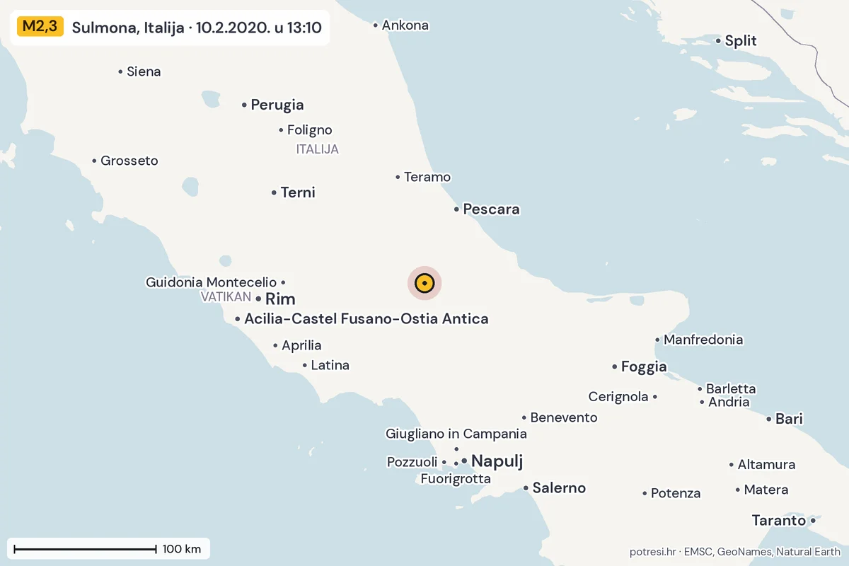Karta: šire područje, 600 km, potres M2,3, Sulmona, Italija, 10.2.2020.
