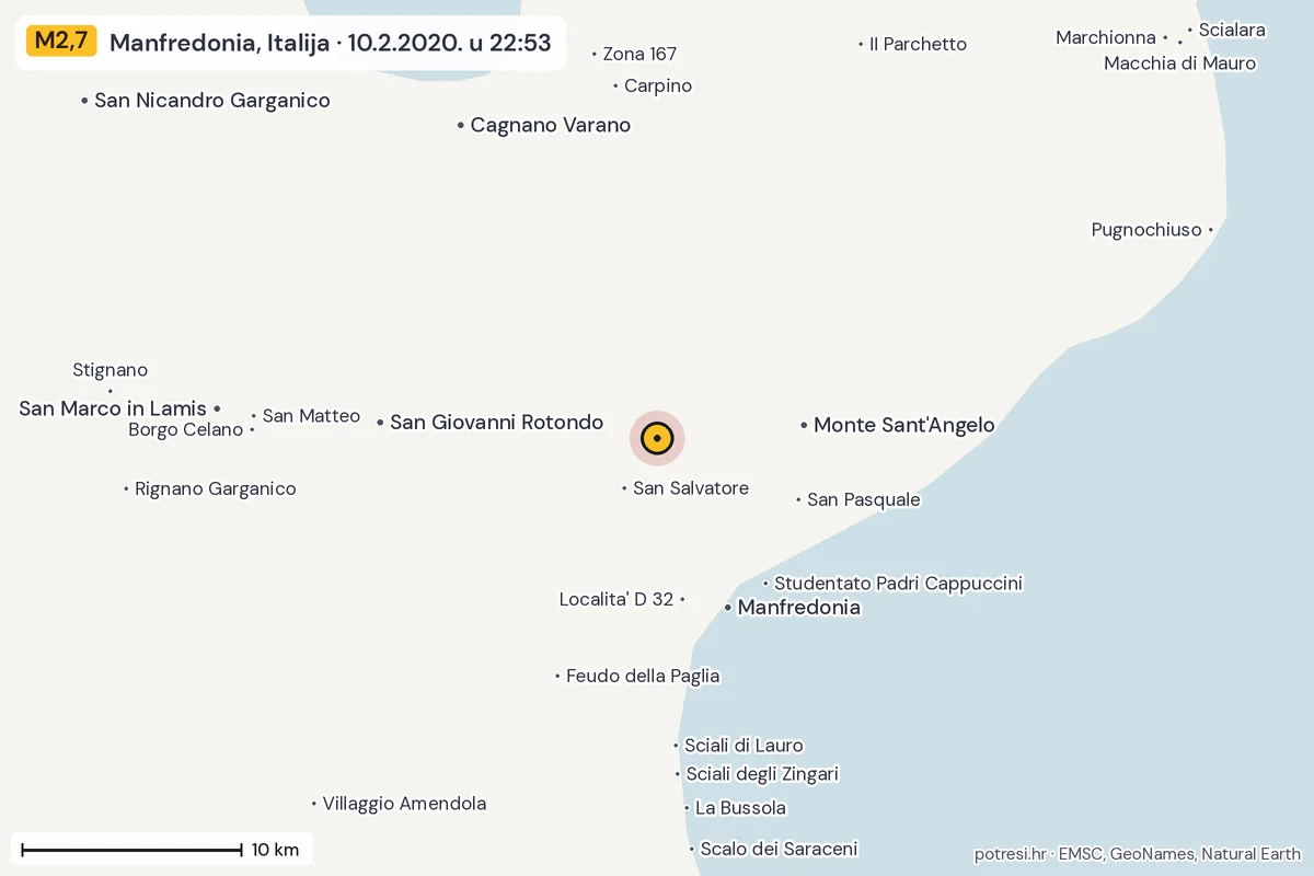 Karta: okolica epicentra, 60 km, potres M2,7, Manfredonia, Italija, 10.2.2020.