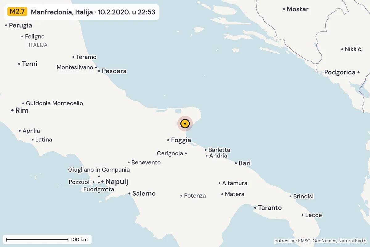 Karta: šire područje, 600 km, potres M2,7, Manfredonia, Italija, 10.2.2020.