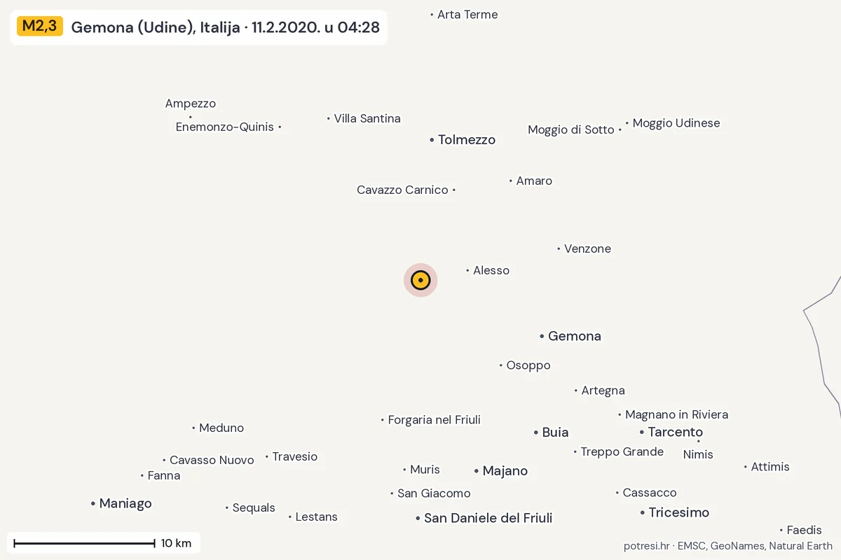 Karta: okolica epicentra, 60 km, potres M2,3, Gemona (Udine), Italija, 11.2.2020.