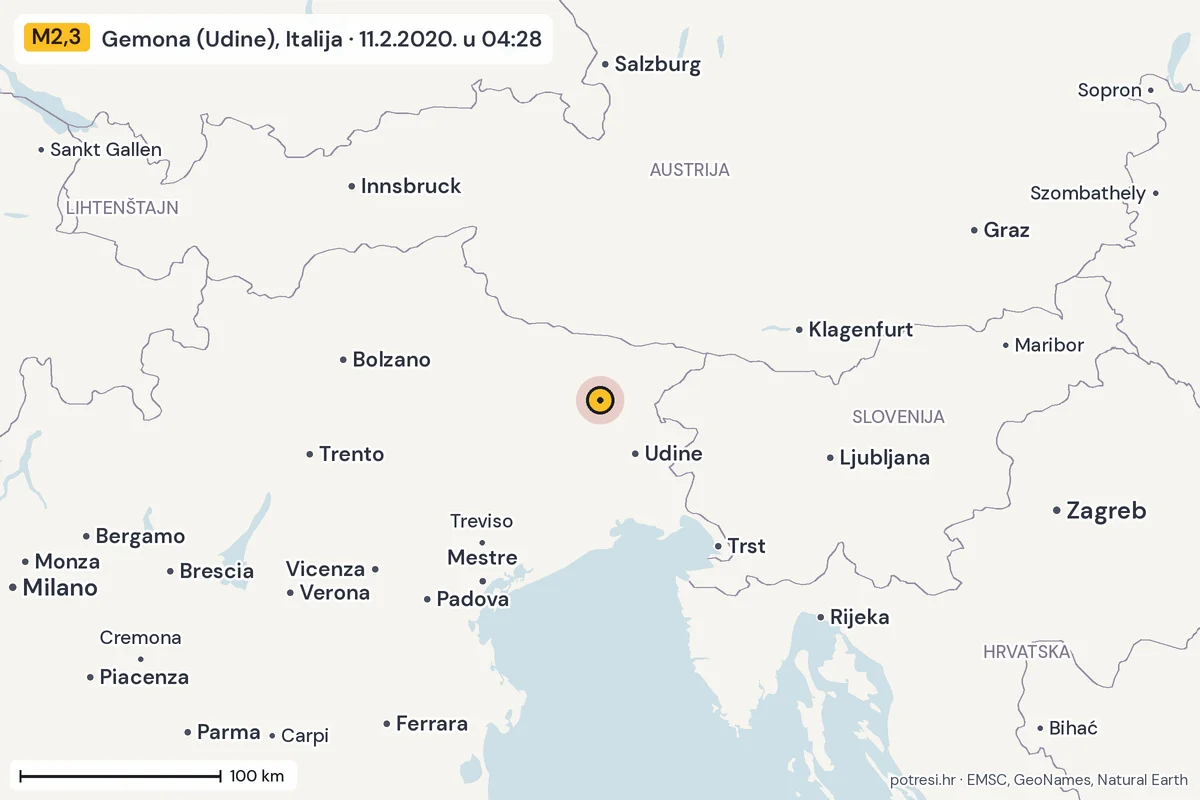 Karta: šire područje, 600 km, potres M2,3, Gemona (Udine), Italija, 11.2.2020.