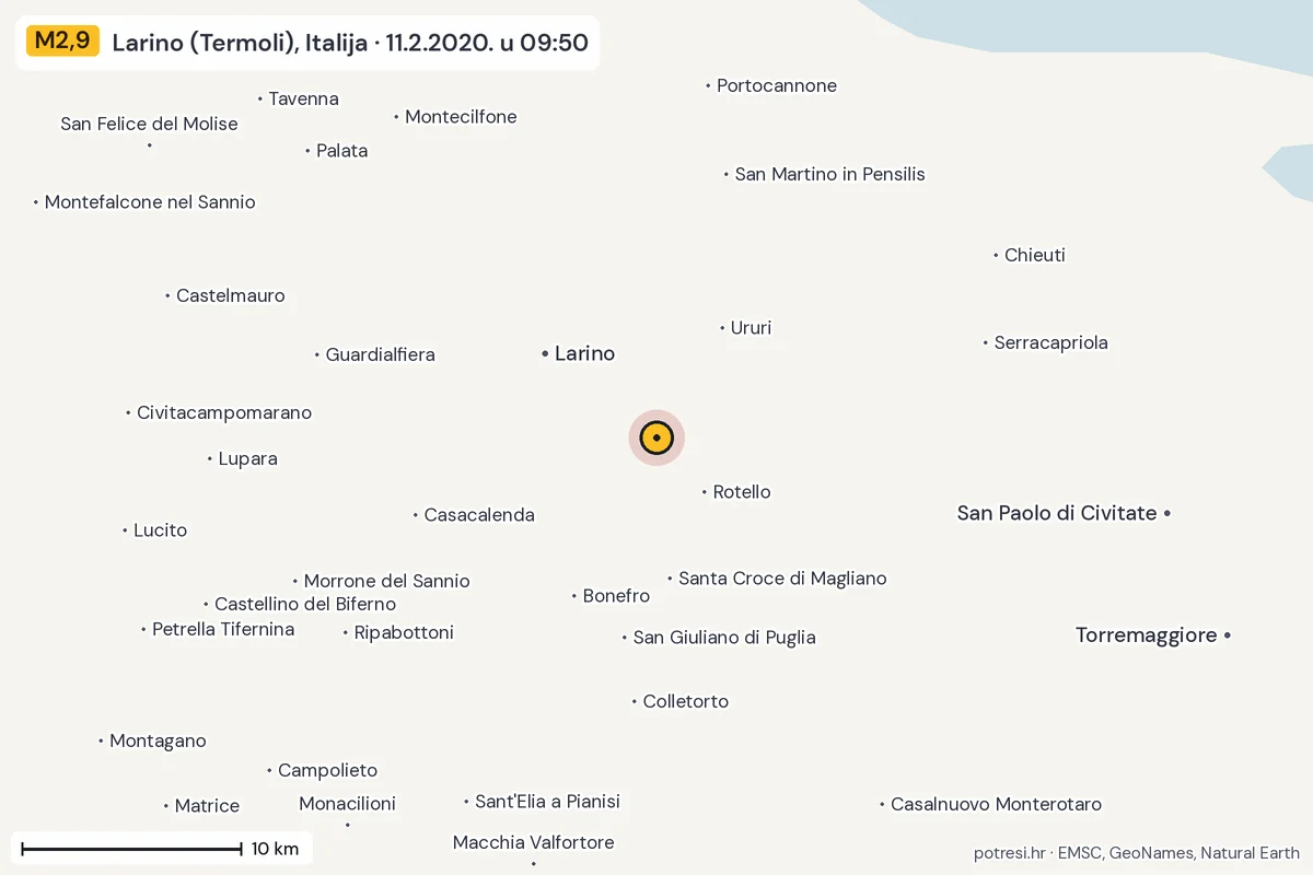 Karta: okolica epicentra, 60 km, potres M2,9, Larino (Termoli), Italija, 11.2.2020.
