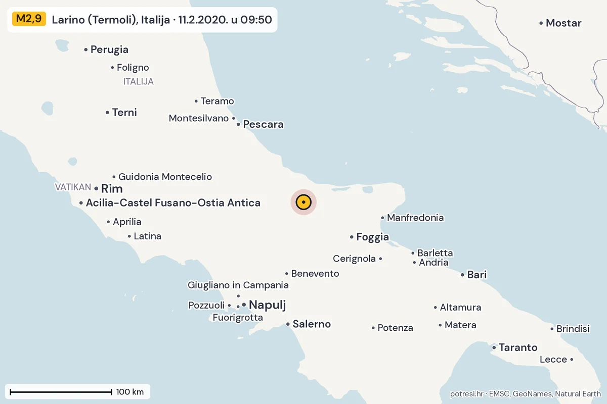 Karta: šire područje, 600 km, potres M2,9, Larino (Termoli), Italija, 11.2.2020.