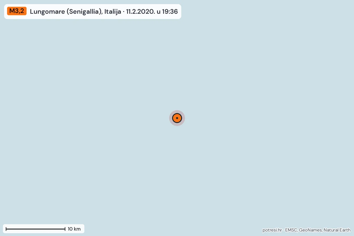 Karta: okolica epicentra, 60 km, potres M3,2, Lungomare (Senigallia), Italija, 11.2.2020.