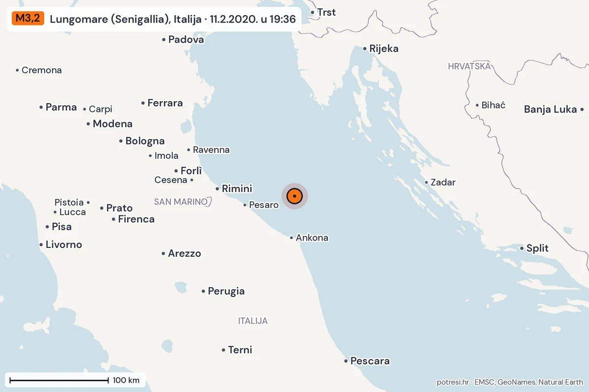Karta: šire područje, 600 km, potres M3,2, Lungomare (Senigallia), Italija, 11.2.2020.