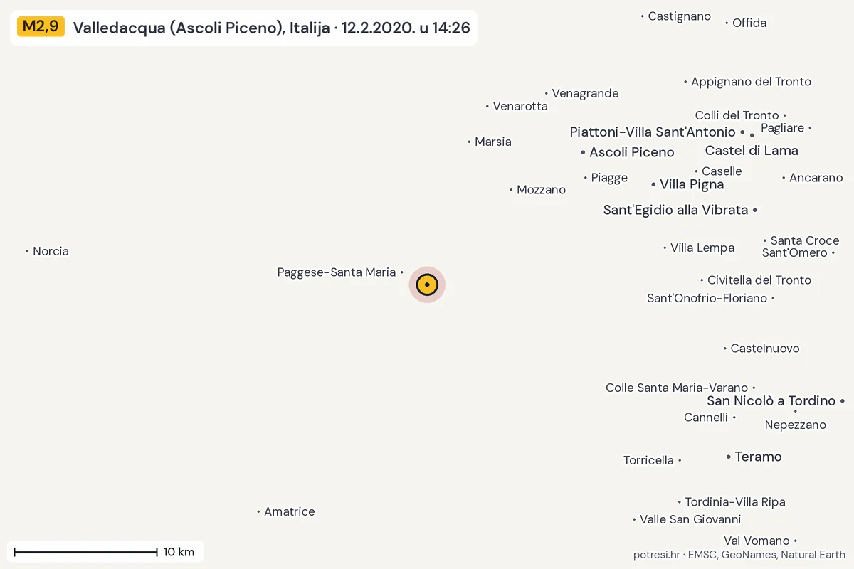 Karta: okolica epicentra, 60 km, potres M2,9, Valledacqua (Ascoli Piceno), Italija, 12.2.2020.