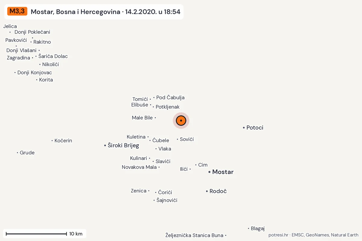 Karta: okolica epicentra, 60 km, potres M3,3, Mostar, Bosna i Hercegovina, 14.2.2020.