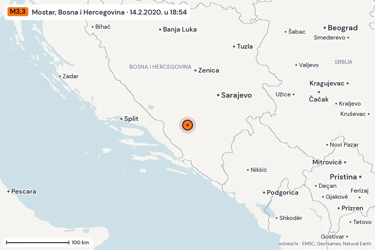 Karta: šire područje, 600 km, potres M3,3, Mostar, Bosna i Hercegovina, 14.2.2020.