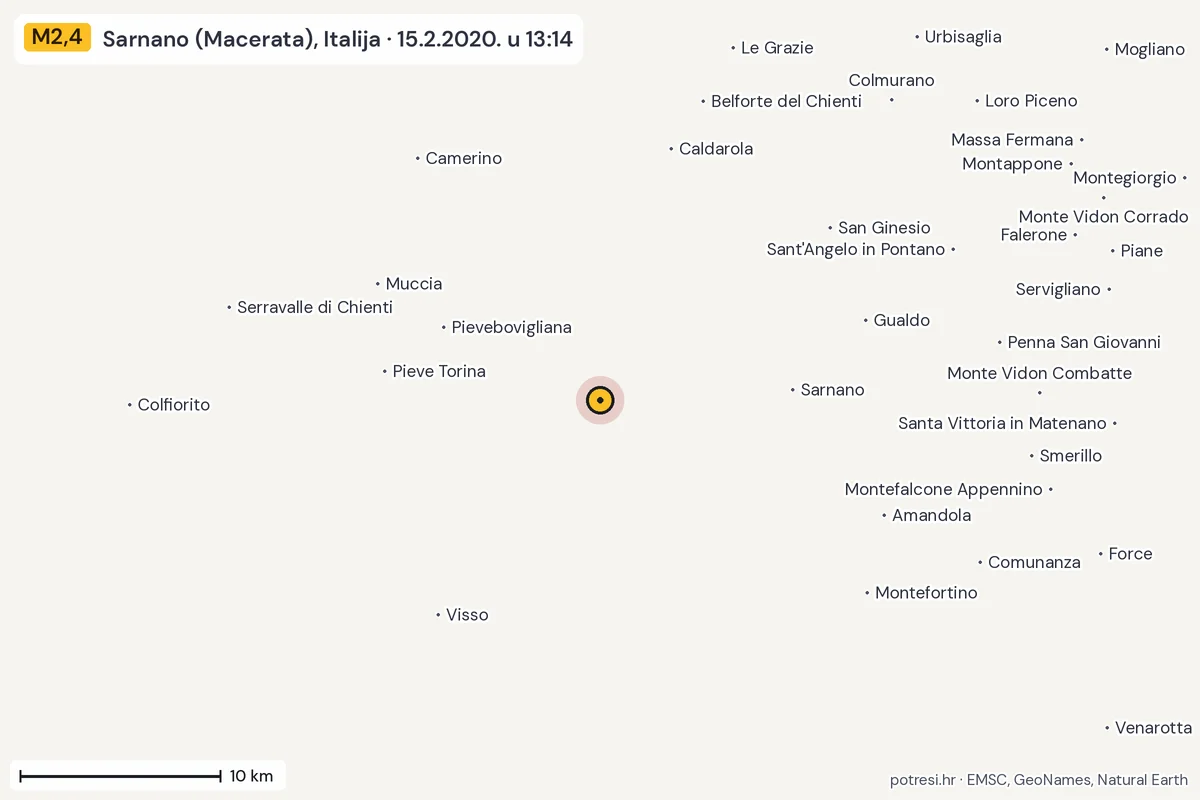 Karta: okolica epicentra, 60 km, potres M2,4, Sarnano (Macerata), Italija, 15.2.2020.