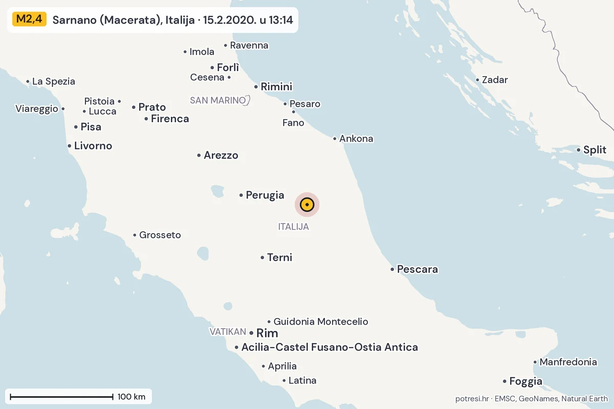 Karta: šire područje, 600 km, potres M2,4, Sarnano (Macerata), Italija, 15.2.2020.