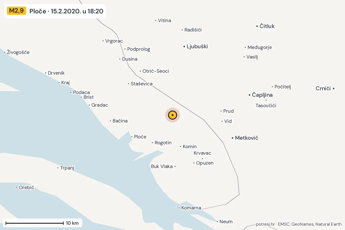 Karta: okolica epicentra, 60 km, potres M2,9, Ploče, 15.2.2020.