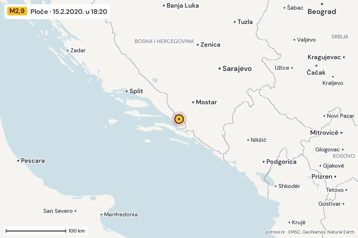 Karta: šire područje, 600 km, potres M2,9, Ploče, 15.2.2020.