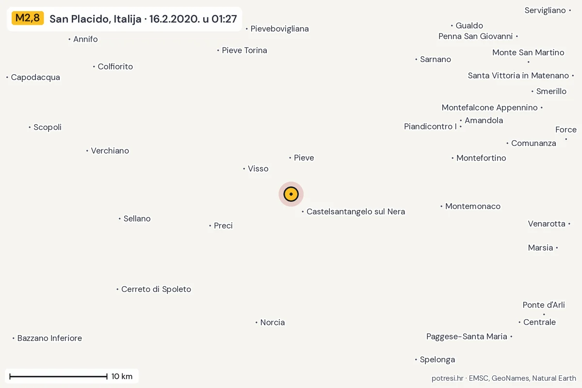Karta: okolica epicentra, 60 km, potres M2,8, San Placido, Italija, 16.2.2020.