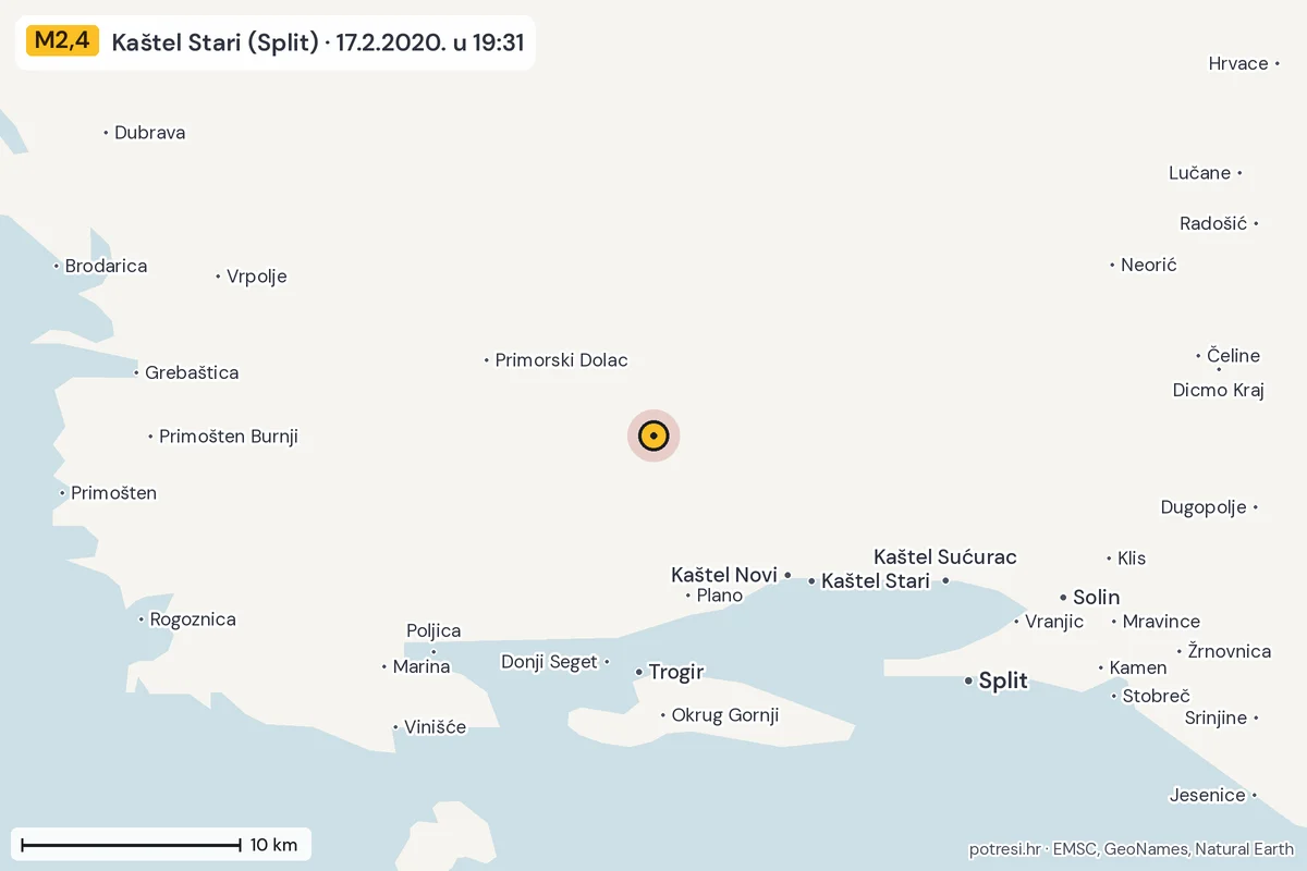 Karta: okolica epicentra, 60 km, potres M2,4, Kaštel Stari (Split), 17.2.2020.