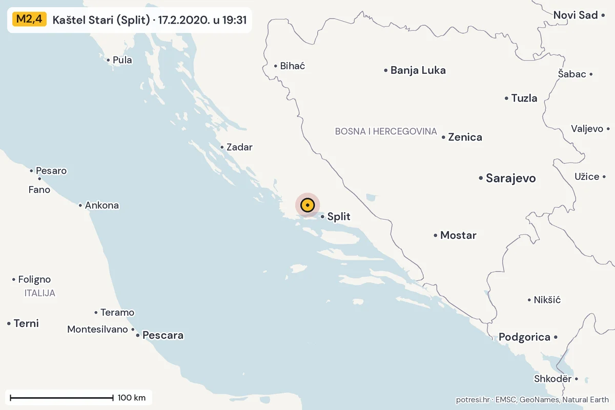 Karta: šire područje, 600 km, potres M2,4, Kaštel Stari (Split), 17.2.2020.