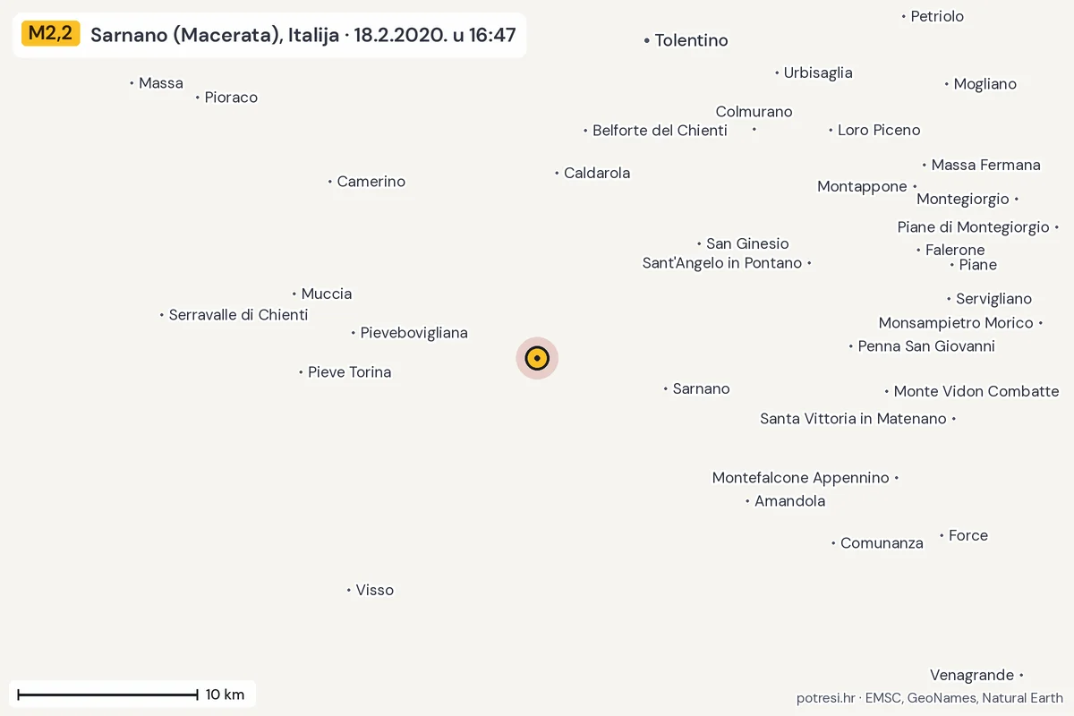 Karta: okolica epicentra, 60 km, potres M2,2, Sarnano (Macerata), Italija, 18.2.2020.