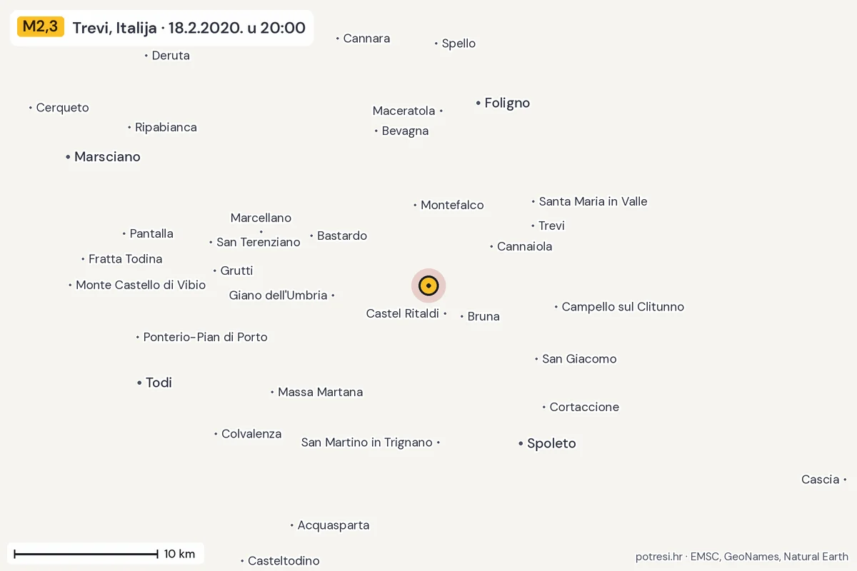 Karta: okolica epicentra, 60 km, potres M2,3, Trevi, Italija, 18.2.2020.