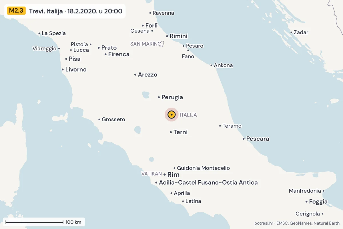 Karta: šire područje, 600 km, potres M2,3, Trevi, Italija, 18.2.2020.