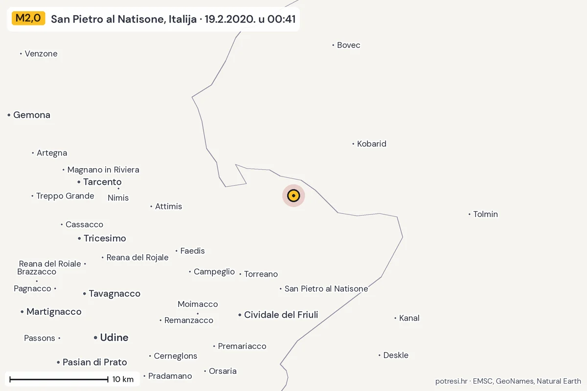 Karta: okolica epicentra, 60 km, potres M2,0, San Pietro al Natisone, Italija, 19.2.2020.