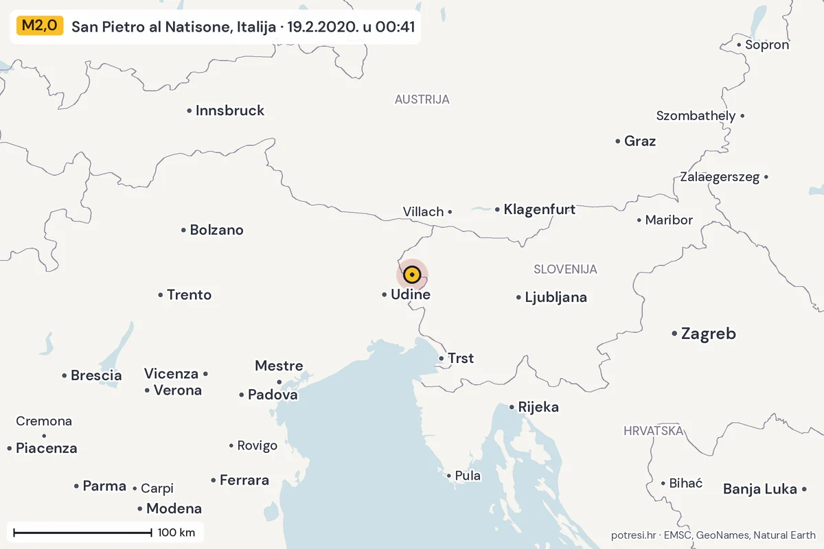 Karta: šire područje, 600 km, potres M2,0, San Pietro al Natisone, Italija, 19.2.2020.