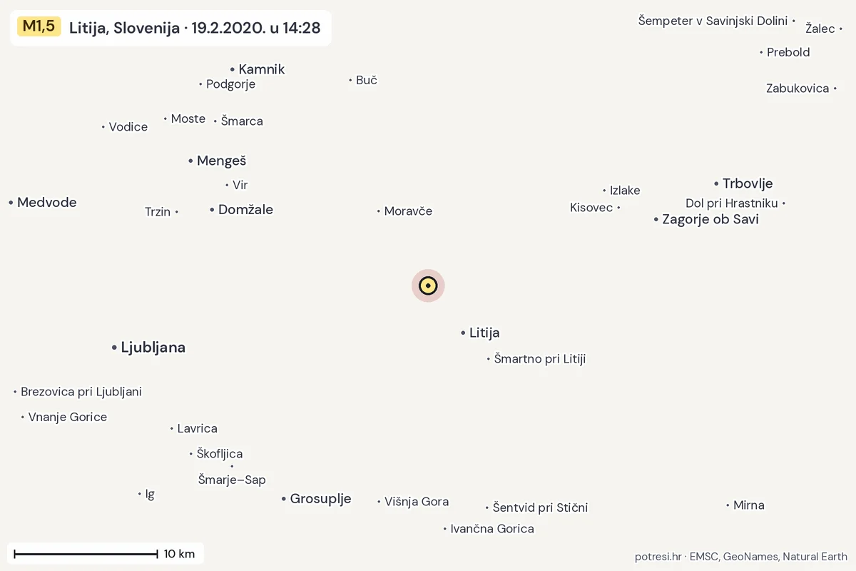 Karta: okolica epicentra, 60 km, potres M1,5, Litija, Slovenija, 19.2.2020.